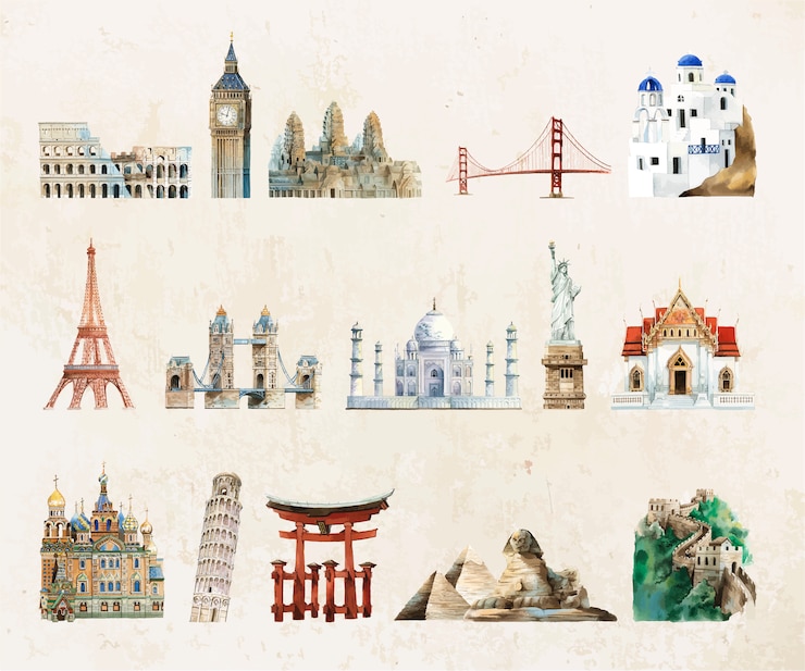 Kostenlose Vektor sammlung von architektonischen sehenswürdigkeiten von aquarell gemalt
