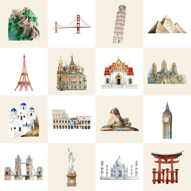 Kostenlose Vektor sammlung von architektonischen sehenswürdigkeiten von aquarell gemalt