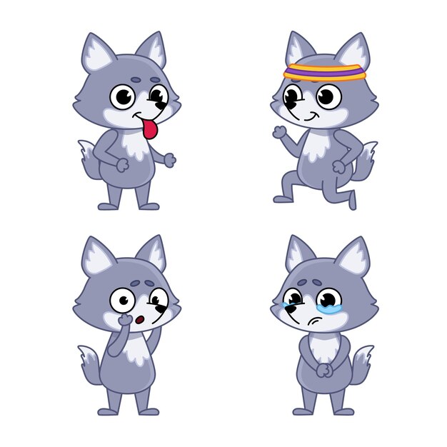 Sammlung von Cartoon-Wolf-Charakteren, die die Zunge ausstrecken, weinen und rennen