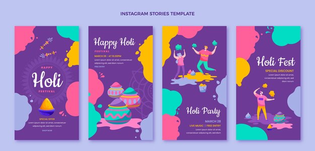 Sammlung von flachen Holi-Instagram-Geschichten