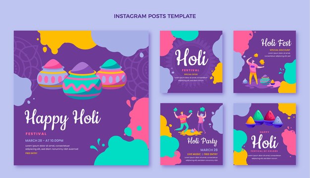 Sammlung von flachen Holi-Instagram-Posts