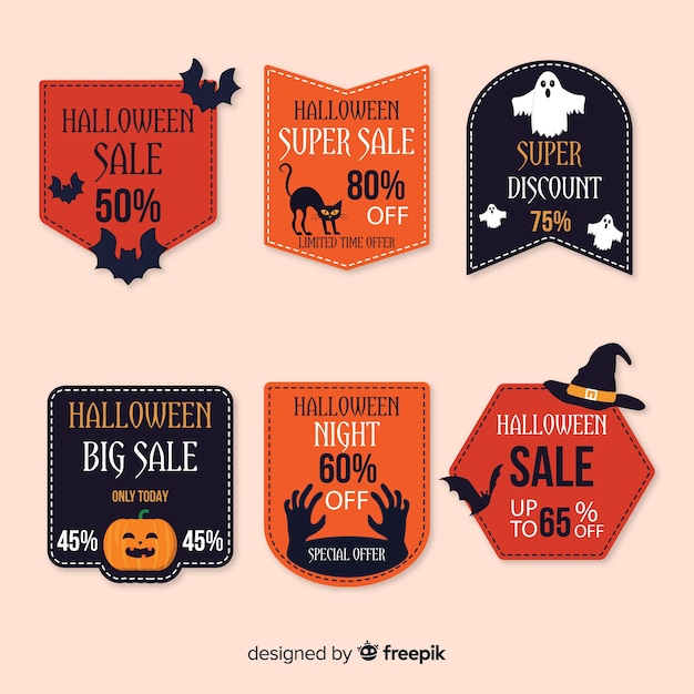 Kostenloser Vektor sammlung von halloween-verkauf bagde auf flachem design