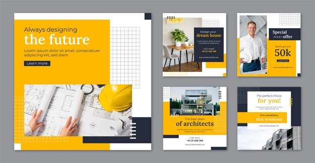 Sammlung von instagram-beiträgen des flachen architektendienstes