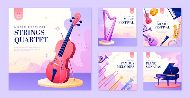 Kostenloser Vektor sammlung von instagram-beiträgen des gradientenmusikfestivals
