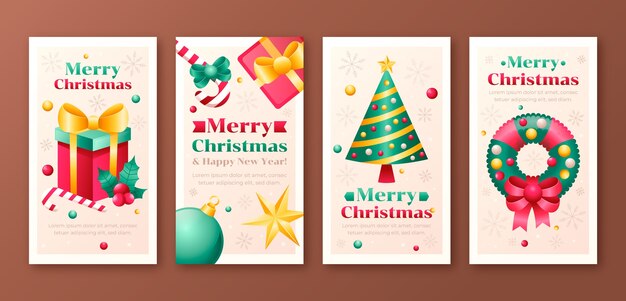 Sammlung von Instagram-Geschichten mit Farbverlauf für die Weihnachtsfeier mit Geschenken und Kranz
