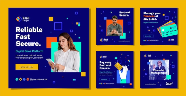 Kostenloser Vektor sammlung von instagram-posts für flache banken und finanzen