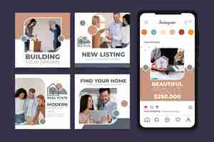 Kostenloser Vektor sammlung von instagram-posts für immobilienunternehmen
