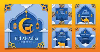 Kostenloser Vektor sammlung von instagram-posts im papierstil für die islamische eid al-adha-feier