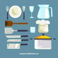 Kostenloser Vektor sammlung von küchenutensilien und chef hut