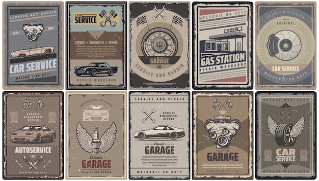 Sammlung von oldtimer-servicebroschüren mit retro-automotorkolben kennzeichnet tankstelle und autoteile isoliert