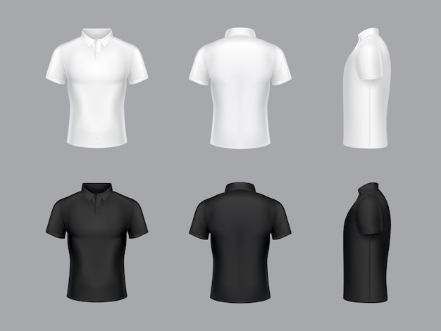 Sammlung von realistischen weißen und schwarzen Polo-T-Shirts 3d. Kurze Ärmel, Modedesign.