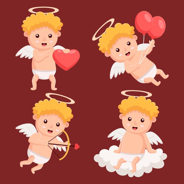 Sammlung von reizenden kleinen Amor-Engeln oder Gotteros Niedliche Griechenland-Kinder mit Bogenherzjägern, die in der flachen Design-Vektorillustration der Valentinstag-Konzeptzeichentrickfilm-figuren romantisch sind