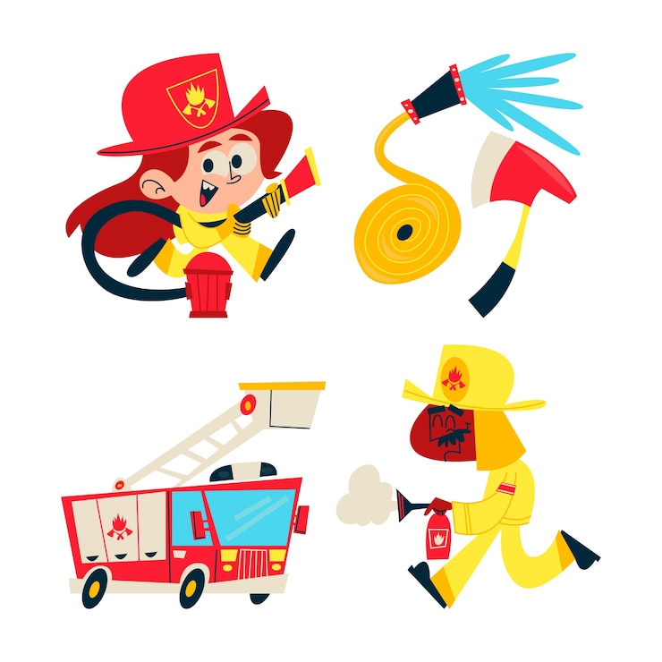 Kostenlose Vektor sammlung von retro-cartoon-feuerwehrmann-aufklebern