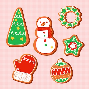 Sammlung von schönen keksen in der weihnachtszeit mit handschuh, kranz, schneeflocke, weihnachtsbaum im cartoon-stil, vektorillustration