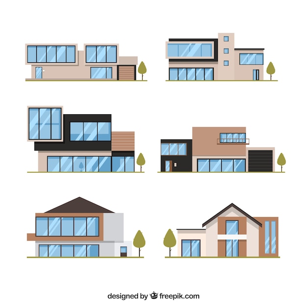 Kostenloser Vektor sammlung von sechs modernen häusern in flachem design