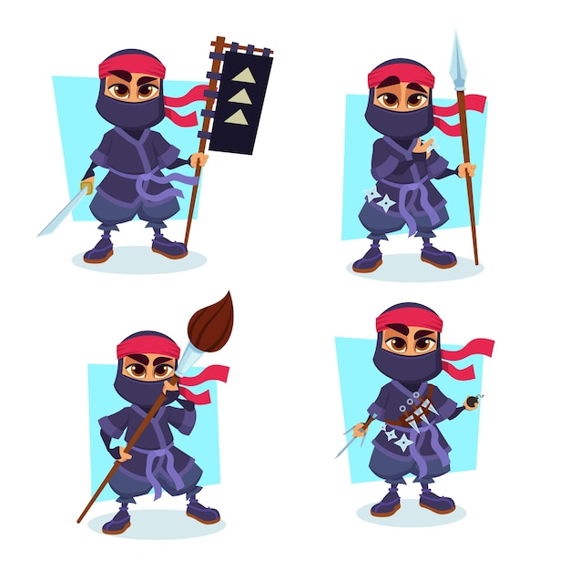 Sammlung von zeichentrick-ninja in kostüm und maske mit speer, pinsel, bombe und schwert
