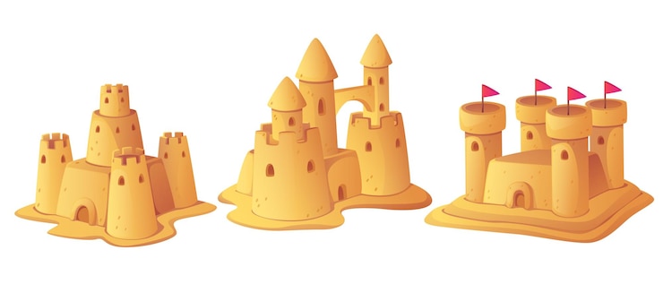 Kostenlose Vektor sandcastle sommer-spiel zeichentrickfilm strand-illustration