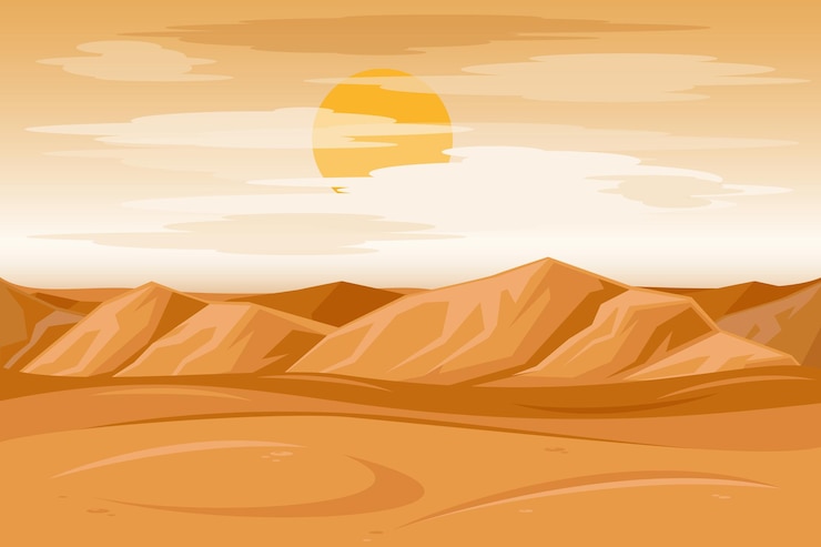 Kostenlose Vektor sandsteinhintergrund der wüstenberge. trockene wüste unter der sonne, endlose sandwüste.