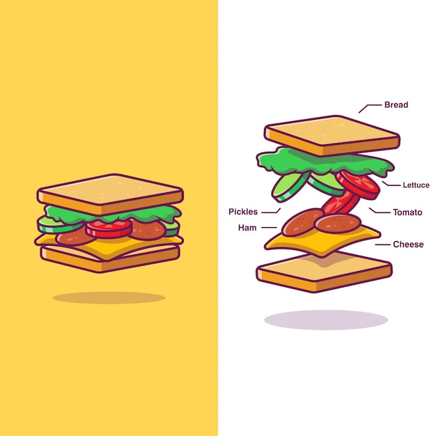 Sandwich, mit, zutaten, cartoon, vektor, symbol, abbildung, lebensmittel, objekt, symbol, konzept, freigestellt, flat