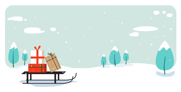Santa claus schlitten mit geschenk box frohe weihnachten frohes neues jahr urlaub feier konzept grußkarte winter schneebedeckte landschaft horizontale vektor-illustration Premium Vektoren