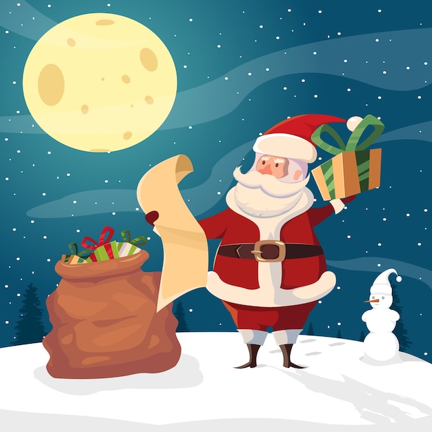 Kostenloser Vektor santa mit geschenk geben liste illustration