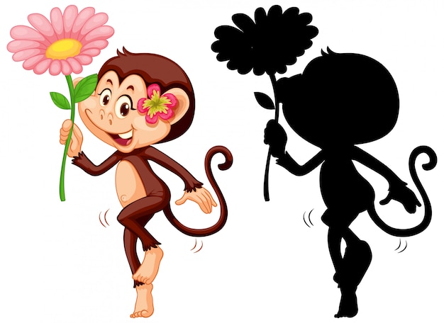 Satz Affe, der Blume und seine Silhouette hält