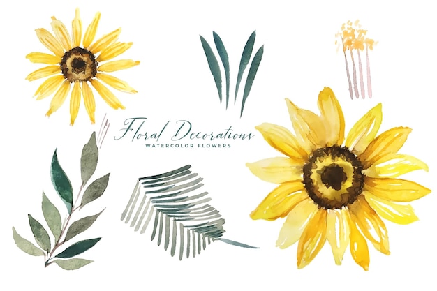 Satz aquarellfarbene sonnenblumen- und blattdekoration