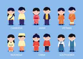 Kostenloser Vektor satz asiatische regionale leute mit kleidung in karikaturfiguren, isolierte flache illustration