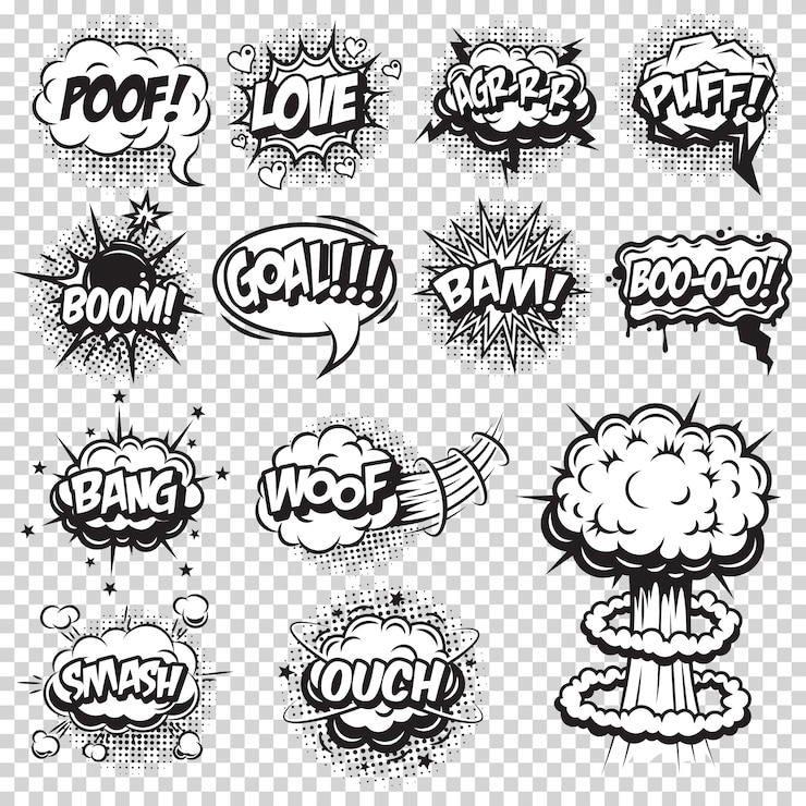 Kostenlose Vektor satz comics rede und explosionsblasen. monochromer stil mit text auf transparentem hintergrund.