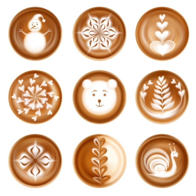Kostenloser Vektor satz dekorative kompositionen von latte art