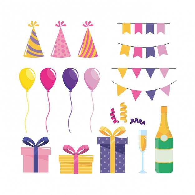 Satz der Parteidekoration mit Ballonen und Geschenken