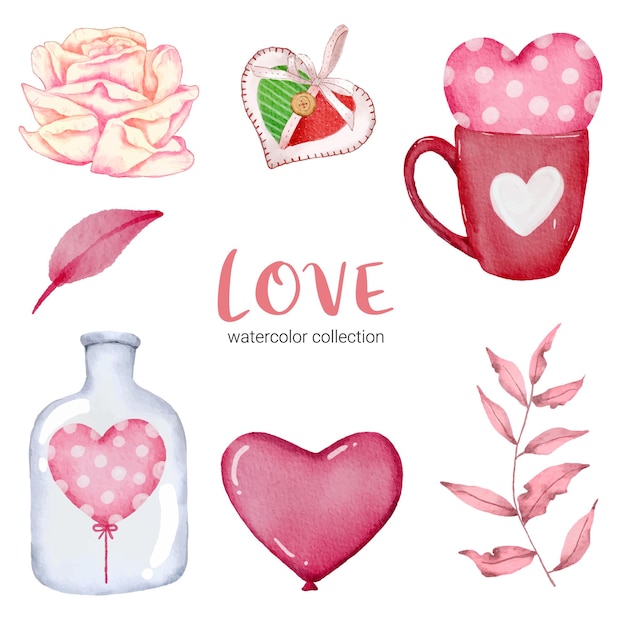 Kostenloser Vektor satz des großen isolierten aquarell-valentinsgrußkonzeptelements reizende romantische rot-rosa herzen für dekoration, illustration.
