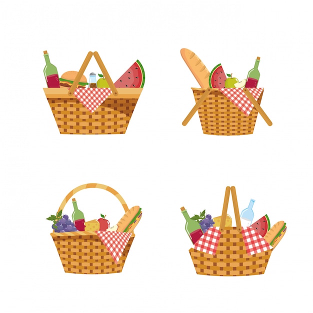 Satz des Picknickkorbes mit Lebensmittel und Tischdecke