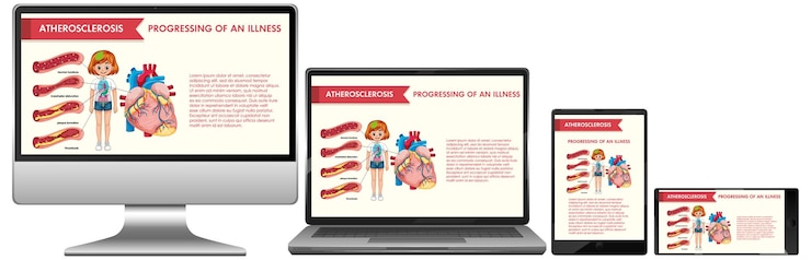 Kostenlose Vektor satz elektronischer geräte mit wissenschaftlicher infografik auf dem bildschirm desktop