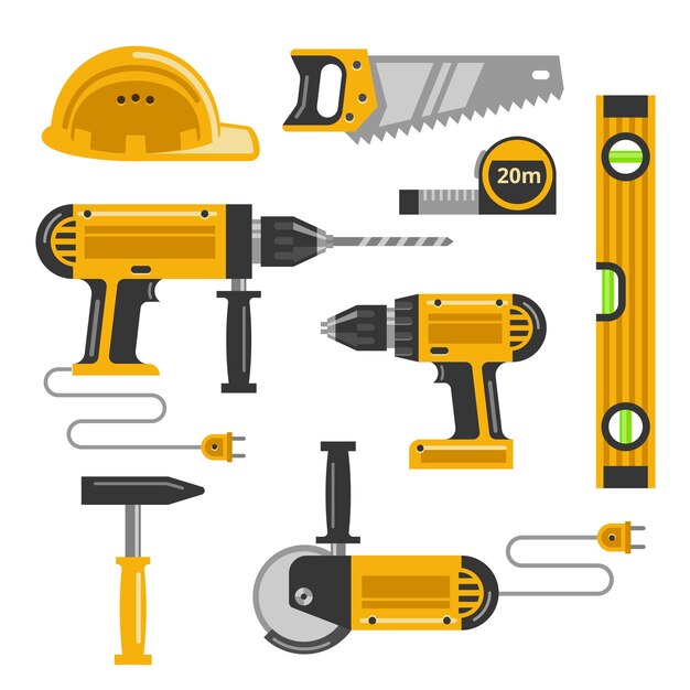 Satz flache Symbole der Bauwerkzeuge. Säge, Helm, Bohrer, Schraubpistole und Hammer und Bügelsäge. Vektorillustration