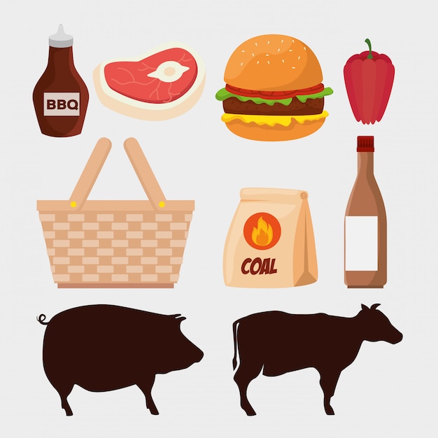 Kostenloser Vektor satz fleisch mit hamburger- und tierschattenbildern