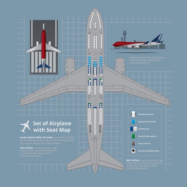 Satz flugzeug mit sitzplan isolierte illustration