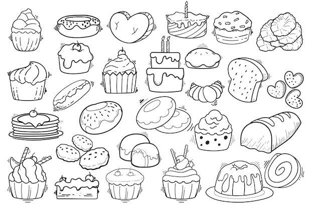 Satz handgezeichneter Doodle-Illustrationen von Kuchen