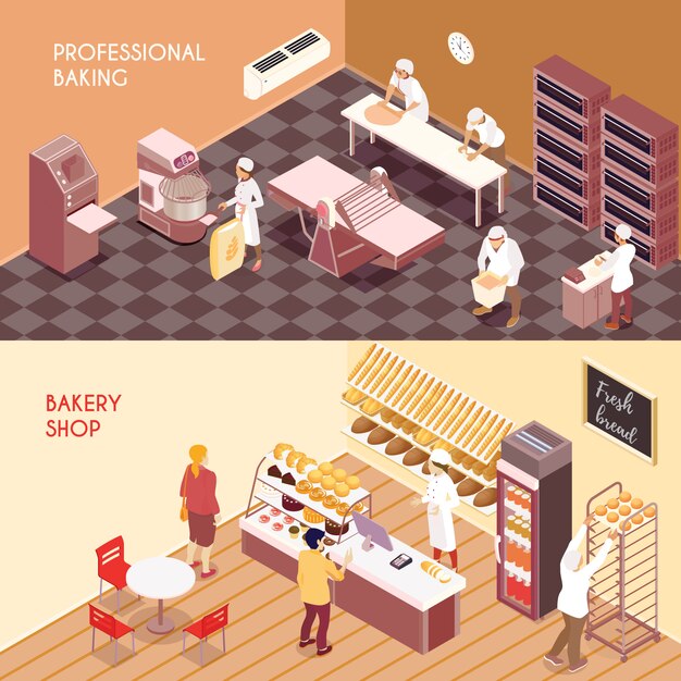 Satz horizontale isometrische Banner professionelle Herstellung von Mehlprodukten und Bäckerei Shop isoliert Vektor-Illustration