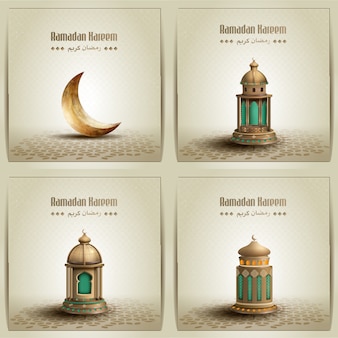 Satz islamische gruß-ramadan-kareem-kartenentwurf mit schöner goldener laterne und halbmond