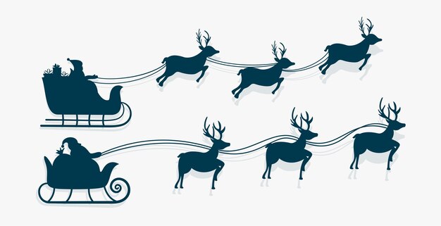 Satz isolierter weihnachtsmann, der auf schlitten mit rentierdesign für weihnachten fliegt