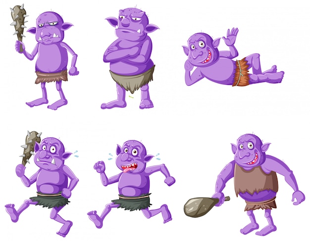Kostenloser Vektor satz lila goblin oder troll in verschiedenen posen in zeichentrickfigur