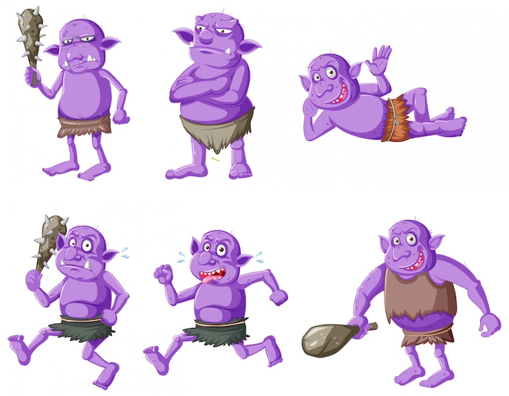 Kostenlose Vektor satz lila goblin oder troll in verschiedenen posen in zeichentrickfigur