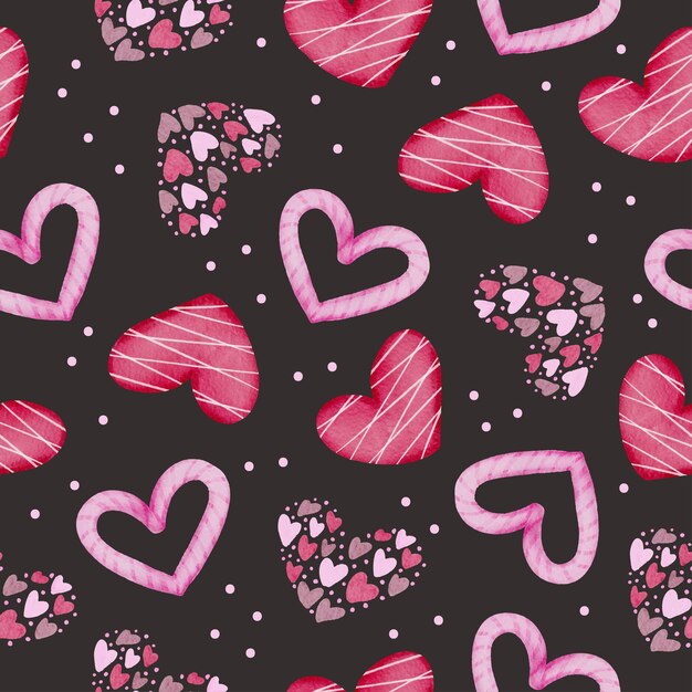 Satz nahtloses Muster des Aquarells mit rosa und roten Herzen auf schwarzem Hintergrund, isoliertes Aquarell-Valentinsgrußkonzeptelement reizende romantische rotrosa Herzen für Dekoration, Illustration.