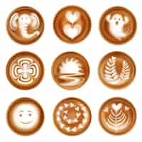 Kostenloser Vektor satz realistische latte-kunstbildkompositionen von herzen und lässt geist und elefant isoliert