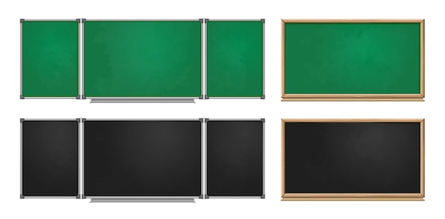 Satz realistische schultafeln in grün und schwarz mit holzrahmen für isolierte vektorillustration im klassenzimmer