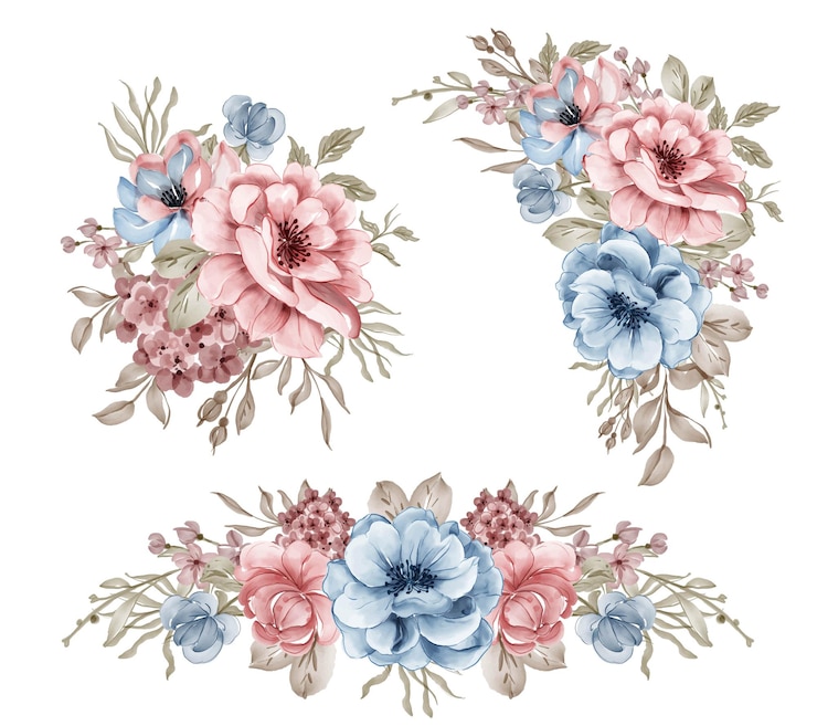 Kostenlose Vektor satz rosa blaue blumenanordnung aquarellillustration