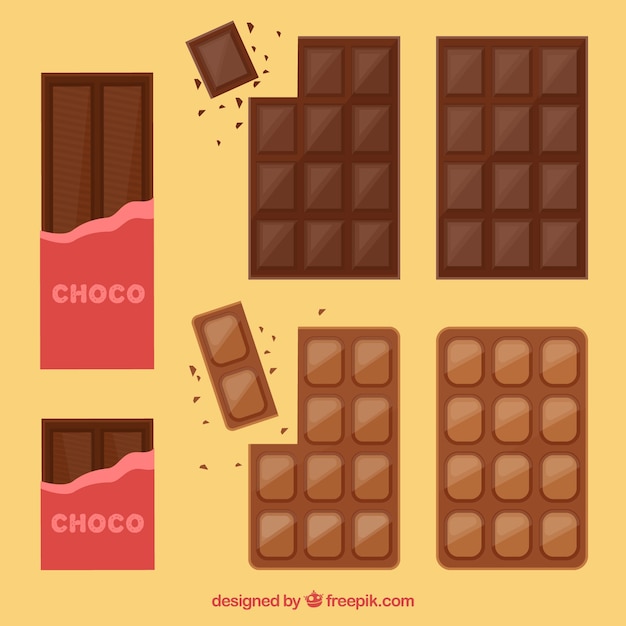 Satz Stangen und Stücke mit verschiedenen Schokoladen