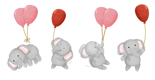 Kostenloser Vektor satz süßer elefanten mit ballon in verschiedenen gestenaquarellmalereien