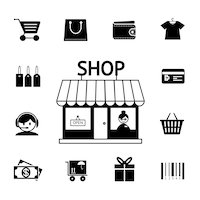Satz vektor-einkaufssymbole in schwarzweiss mit einer wagen-trolley-brieftasche bankkartengeschäft speichern geldgeschenklieferung und strichcode, der konsumismus und einzelhandelskauf darstellt